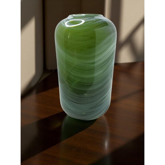 Vintage Heavy Art Glass Hand Blown Green,White,Black Swirl Pattern Vase - Picture 4 of 13